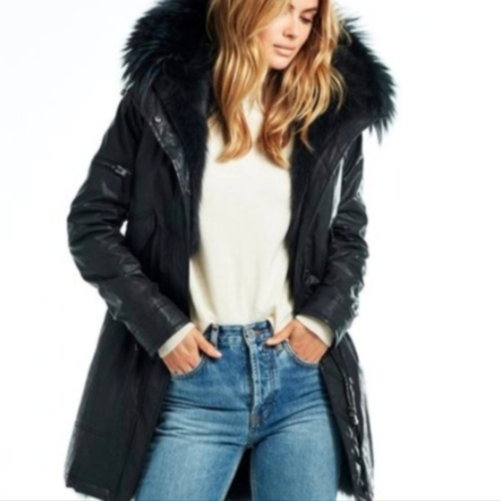 SAM Genuine Fox Fur Hooded Parka in Waxed All Black Thinsulate Waterproof XS
